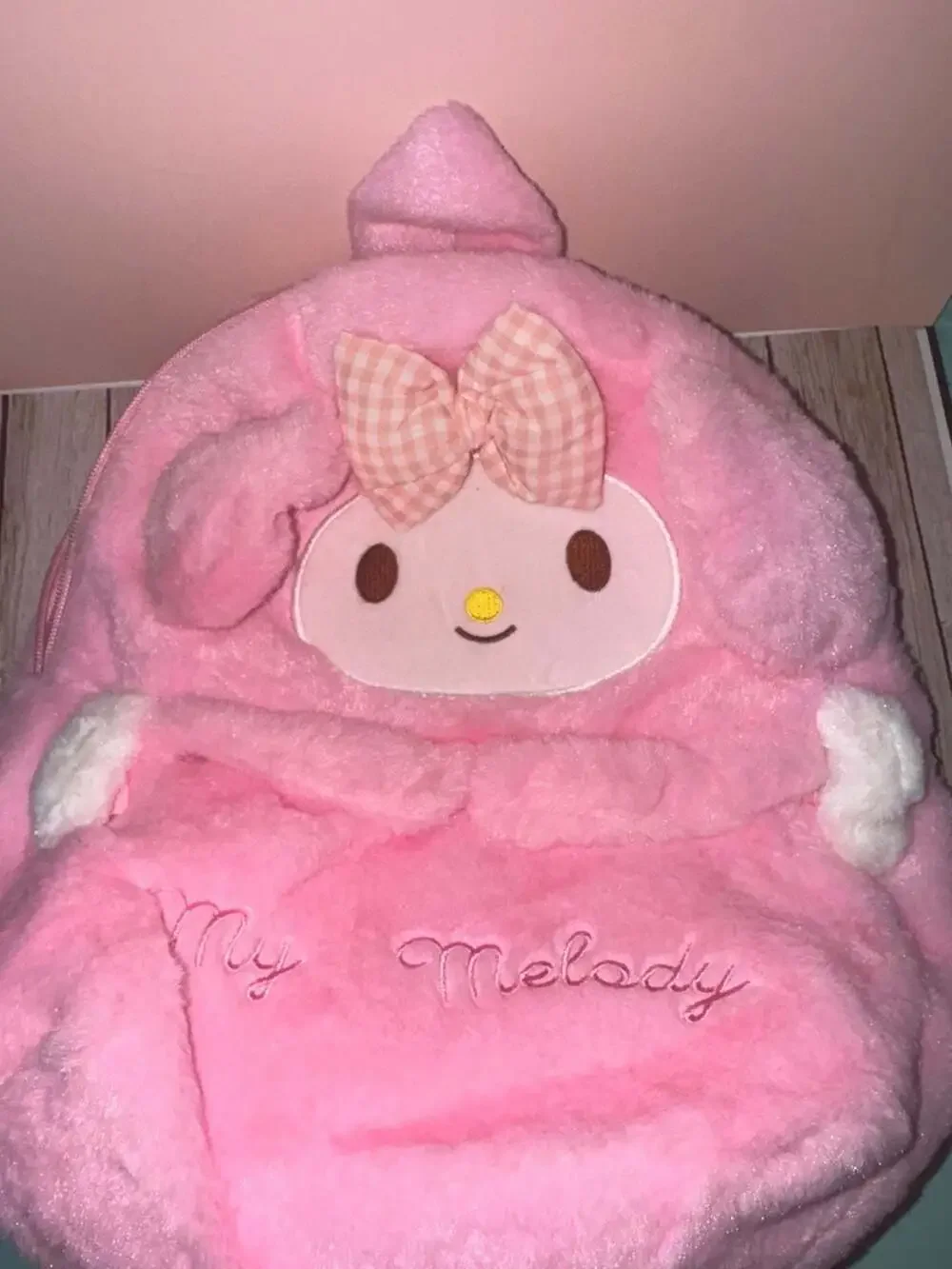 Sanrio My Melody Pink Plush Backpack with Gingham Bow